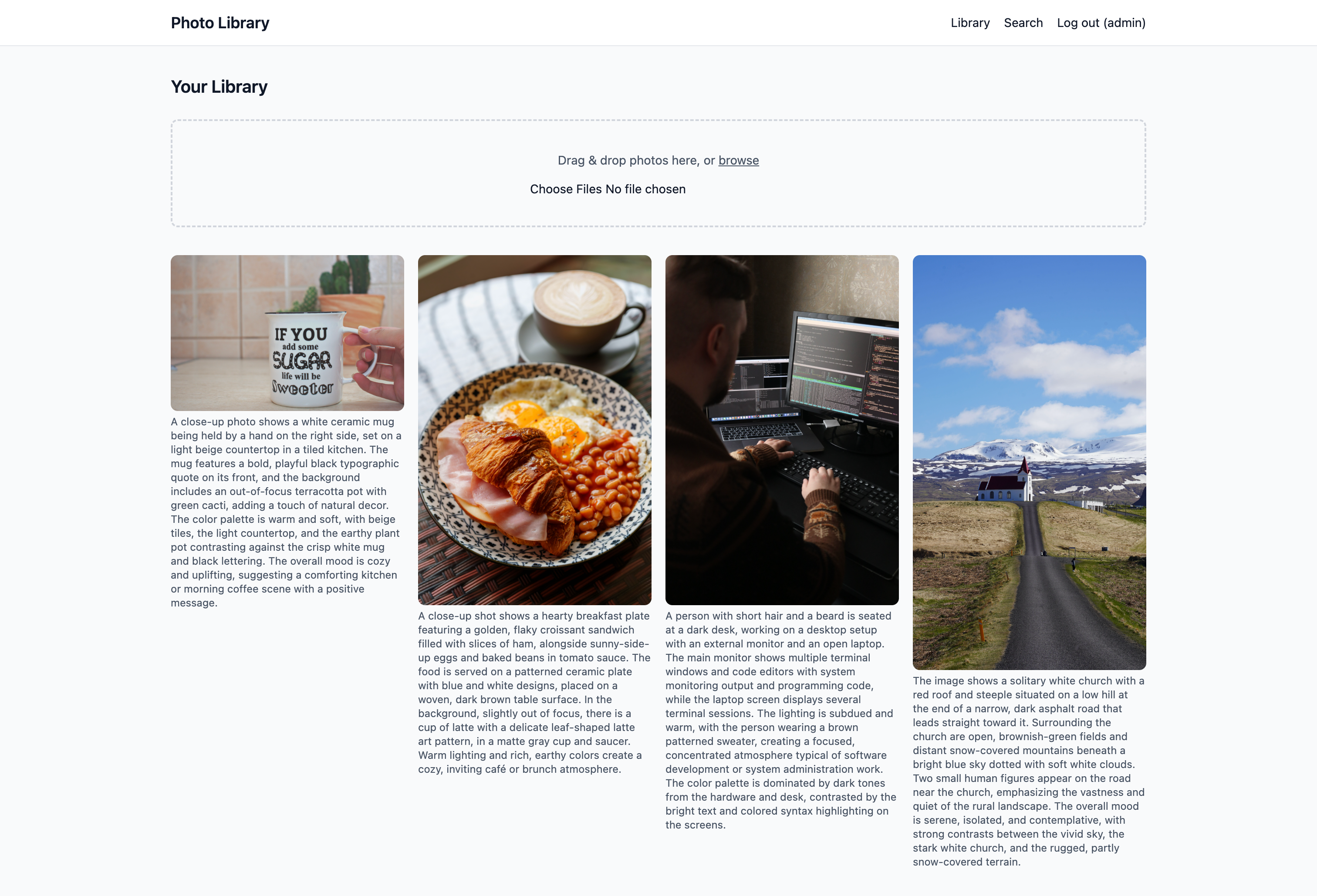 Photo library view with four uploaded photos — a mug, a breakfast plate, a developer desk, and an Icelandic church — each with its AI-generated caption displayed underneath