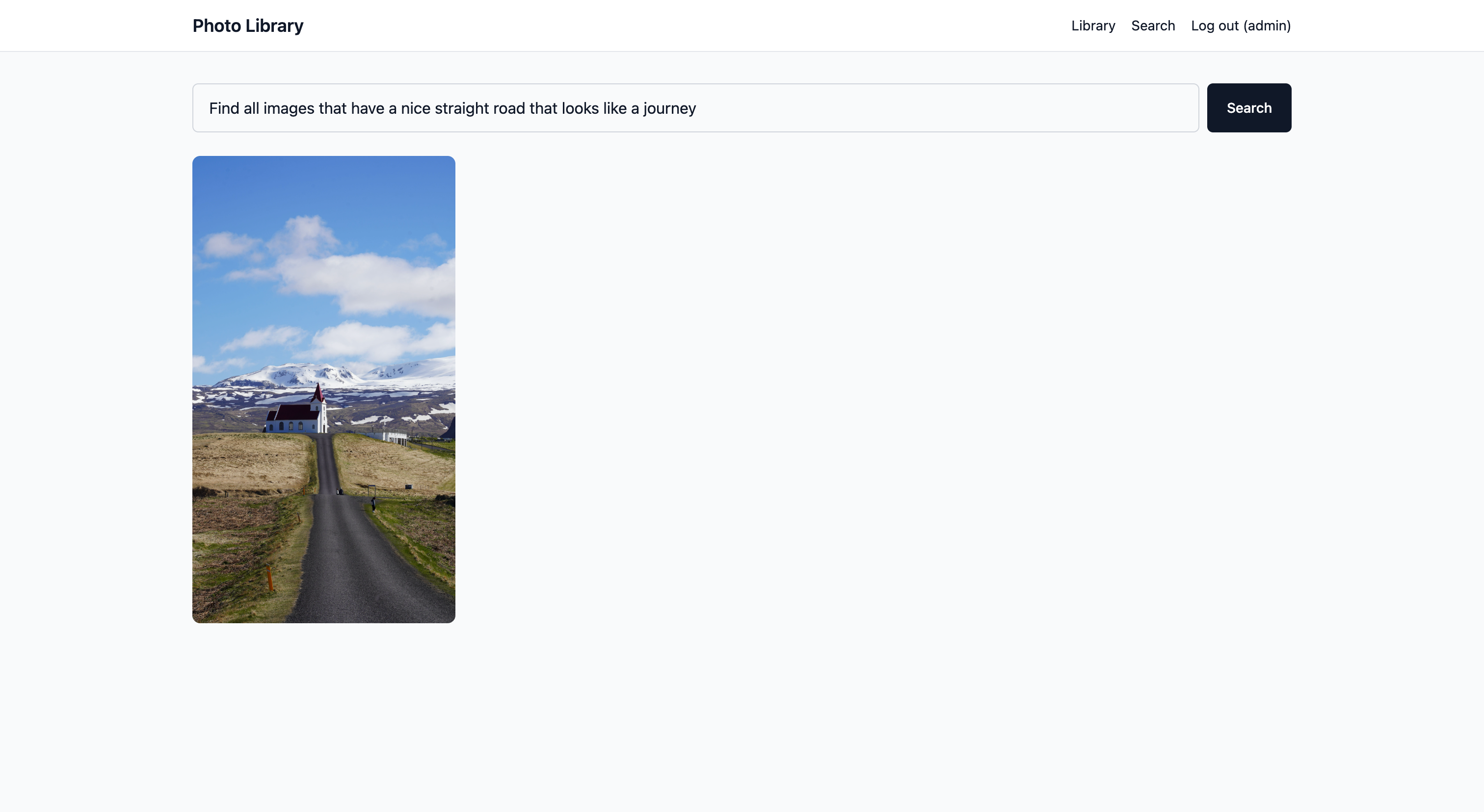 Search page showing the natural-language query 'Find all images that have a nice straight road that looks like a journey' returning the correct Icelandic church photo with no other matches